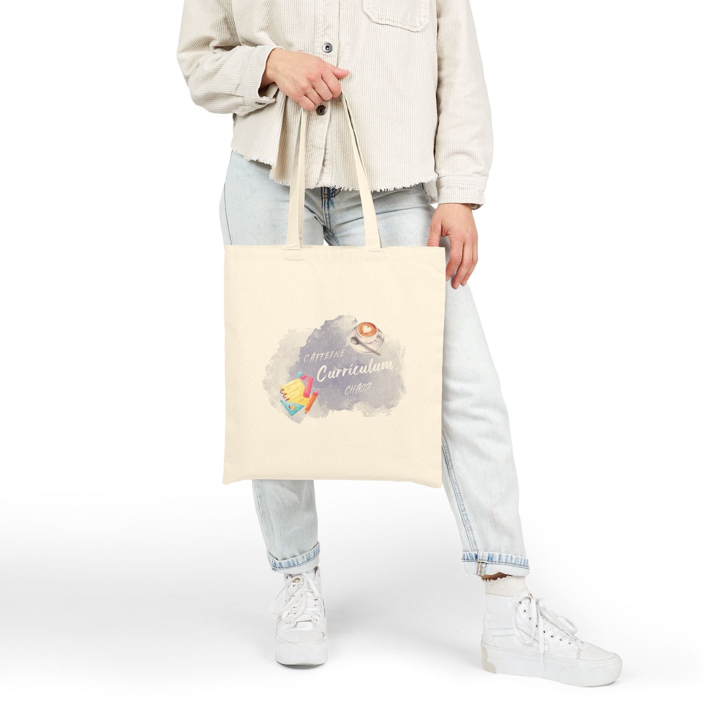 Caffeine Curriculum Chaos Cotton Canvas Tote Bag with a Whimsical Design for Teachers, Perfect for Back to School, Eco-Friendly Shopping, Beach Days, Gifts